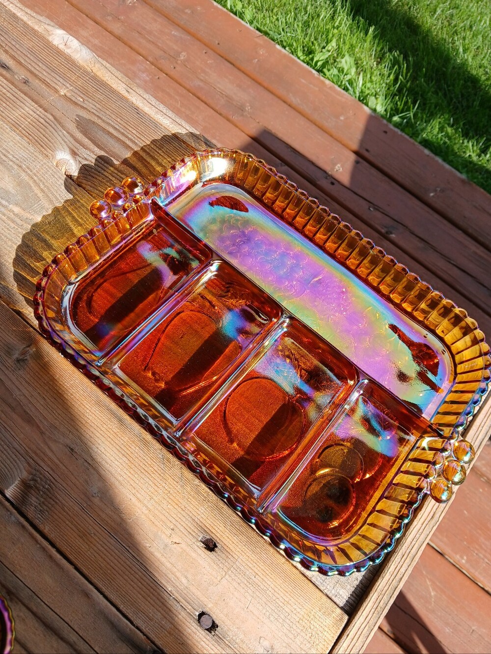 Indiana Glass Vintage Carnival Iridescent Glass Divided Serving Tray/fruit Tray